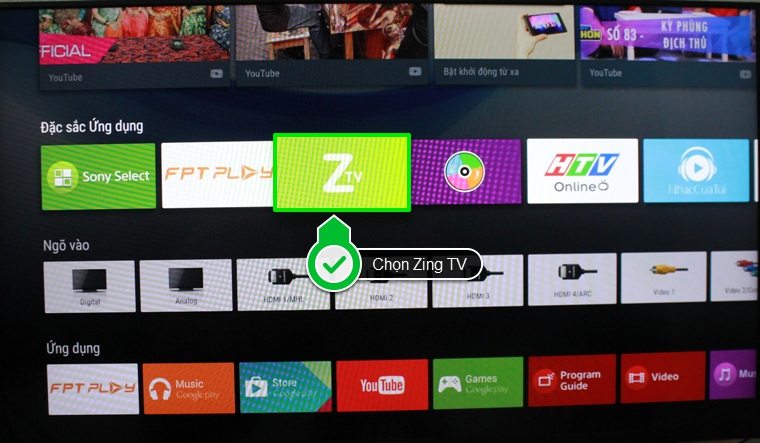 Chọn ZingTV trong mục Đặc sắc Ứng dụng